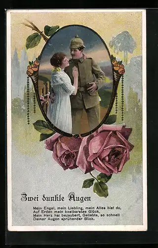AK Zwei dunkle Augen, Soldat in Uniform mit seiner Liebsten, Soldatenliebe
