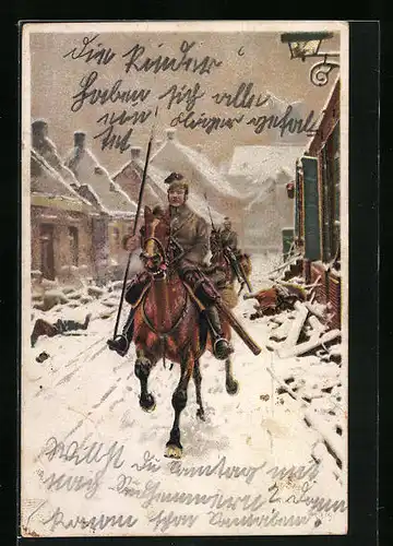 Künstler-AK Soldaten der Kavallerie im Schnee