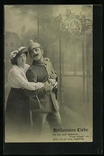 AK Artilleristen-Liebe, Frau umarmt Soldaten, Soldatenliebe