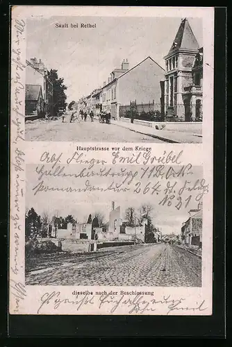 AK Rethel, Hauptstrasse vor dem Krieg und nach der Beschiessung