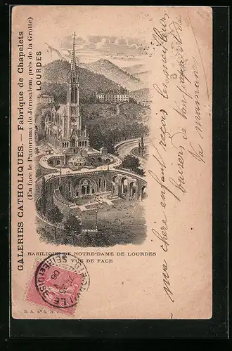 Lithographie Lourdes, Basilique de Notre-Dame de Lourdes, vue de face