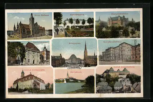 AK Chemnitz, Königsplatz, Handelskammer, Hauptbahnhof & Gewerbe-Akademie