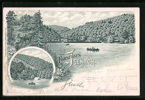 Lithographie Isenach, Forsthaus Isenach, Uferpartie mit Booten