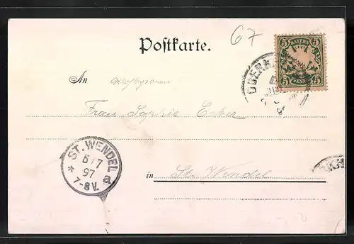 Lithographie Isenach, Forsthaus Isenach, Uferpartie mit Booten