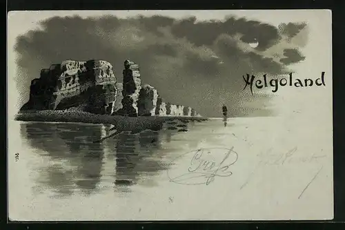 Mondschein-Lithographie Helgoland, Uferpartie mit Felsen