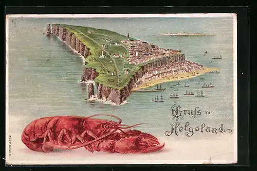 Lithographie Helgoland, Ortsansicht mit Hummer