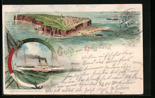 Lithographie Helgoland, Dampfer in Fahrt