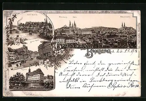 Lithographie Bamberg, Klein-Venedig, Grüner Markt, Rathaus