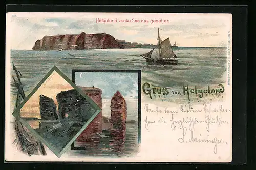 Künstler-AK Helgoland, Teilansicht mit Segelboot von der See aus gesehen, Mönch bei Mondschein, Eris Hörn