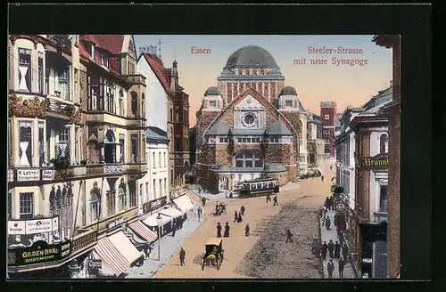 AK Essen, Steeler-Strasse mit Geschäften und neuer Synagoge, Strassenbahn