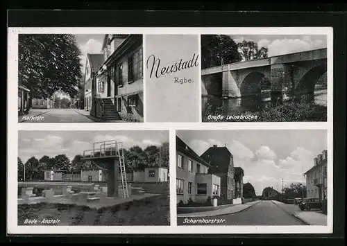 AK Neustadt /Rgbe., Bade-Anstalt, Grosse Leinebrücke, Scharnhorststrasse