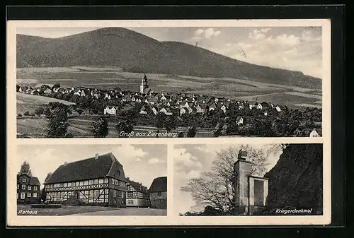 AK Zierenberg, Ortsansicht aus der Vogelschau mit Rathaus und Kriegerdenkmal