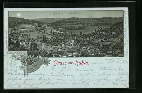 Mondschein-Lithographie Ruhla, Ortsansicht aus der Vogelschau