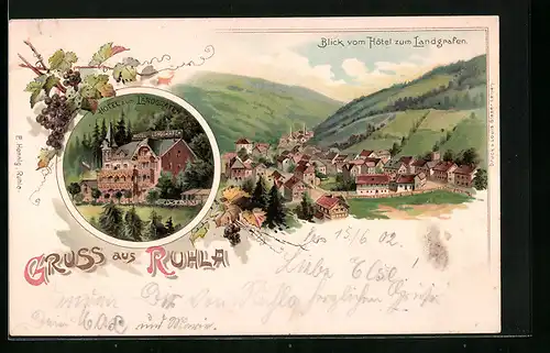 Lithographie Ruhla, Ortsansicht vom Hotel zum Landgrafen und Hotel zum Landgrafen