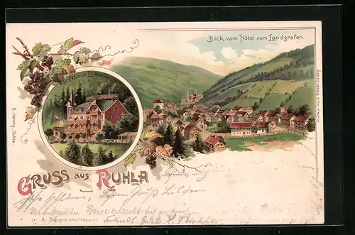 Lithographie Ruhla, Hotel zum Landgrafen und Ortsansicht