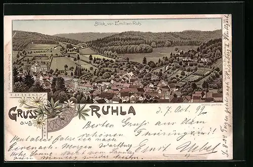 Lithographie Ruhla, Ortsansicht von Emilien-Ruh aus