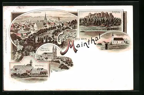 Lithographie Lichtenfels, Ortsansicht aus der Vogelschau, Staffelberg, Schloss Banz