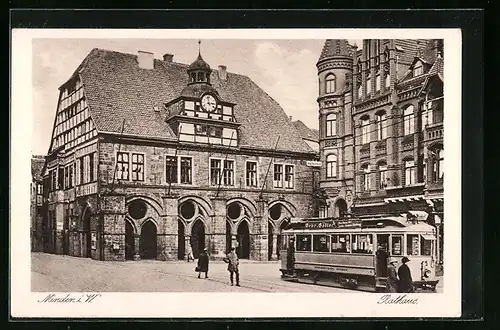 AK Minden i. W., Rathaus mit Strassenbahn