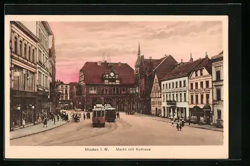 AK Minden i. W., Markt mit Hotel Deutscher Kaiser und Rathaus, Strassenbahn