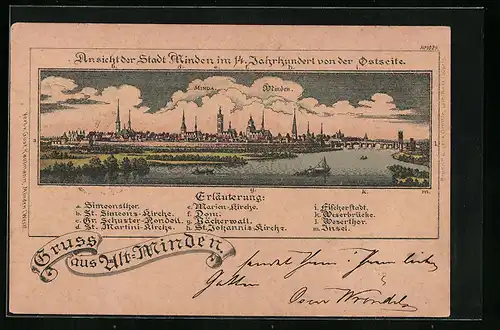 Lithographie Minden, Teilansicht mit Simeonstor, St. Marini-Kirche und Dom