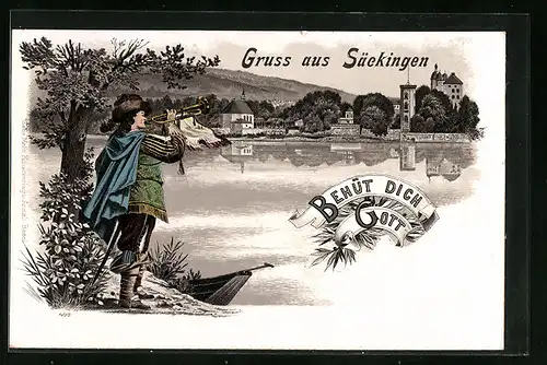 Lithographie Säckingen, Behüt dich Gott, Uferpartie mit Trompeter