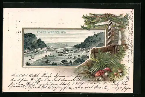 Passepartout-Lithographie Porta Westfalica, Panorama