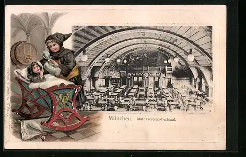 Passepartout-Lithographie München, Mathäserbräu-Festsaal, Innenansicht, Münchner Kindl bei Kind an der Wiege