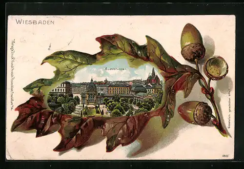 Passepartout-Lithographie Wiesbaden, Kochbrunnen, Teilansicht im Eichenblatt