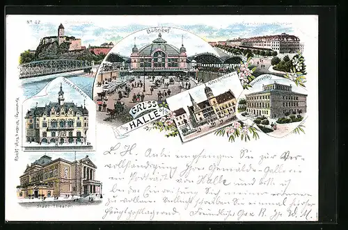 Lithographie Halle, Bahnhof, Franckesche Stiftungen, Altes und Neues Rathhaus