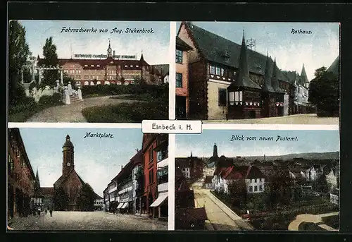 AK Einbeck i. H., Fahrradwerke August Stukenbrok, Marktplatz, Blick vom neuen Postamt