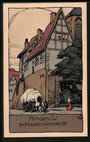 Steindruck-AK Minden i. W., Partie in der Marienstrasse