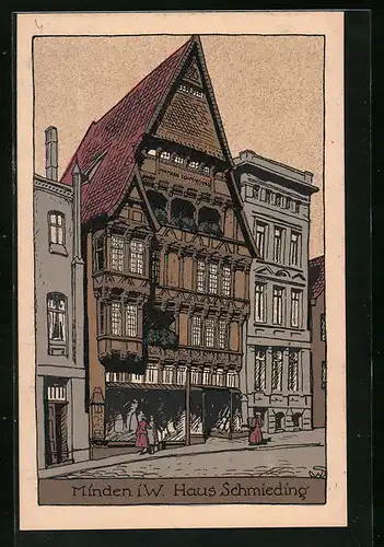 Steindruck-AK Minden i. W., Haus Schmieding mit Strasse