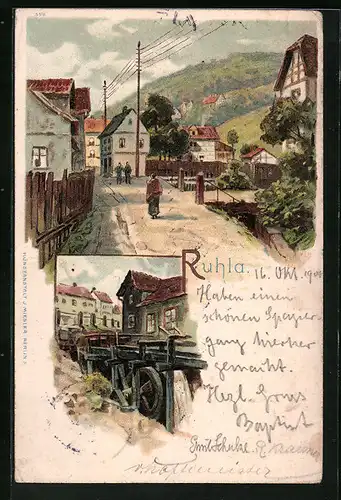 Lithographie Ruhla, Partie mit Wassermühle, Ortspartie