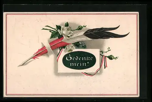 Präge-AK Gedenke mein!, Feder in den Farben des Kaiserreiches mit strahlend weisser Rose