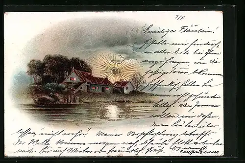 Sonnenschein-AK Bauernhaus am Ufer eines Sees zum Sonnenuntergang