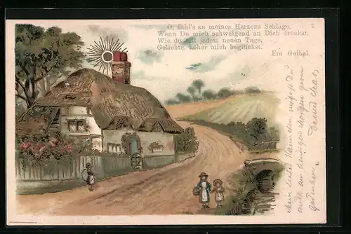 Sonnenschein-AK Bauernhaus mit Reetdach und Bachlauf
