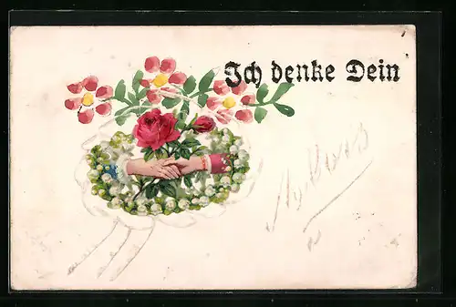 Papierkunst-AK Blumenkranz mit Märzenbechern und blühender Rose