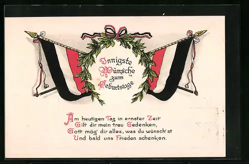 Präge-AK Neujahrsgrüsse, Fahnen des Kaiserreichs mit Lorbeerkranz