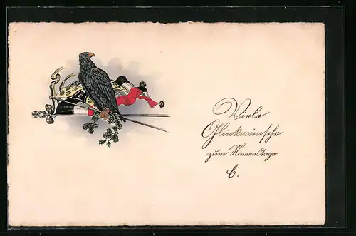Präge-AK Adler mit kaiserlicher und militärischer Flagge