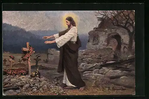 Künstler-AK Jesus beim Besuchen eines Soldatengrabes