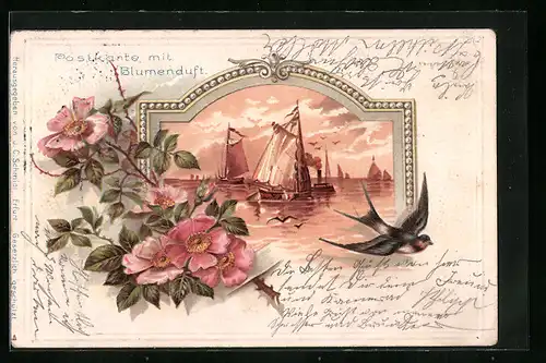 Duft-AK Segelschiffe auf See, Rosenzweig mit Duft