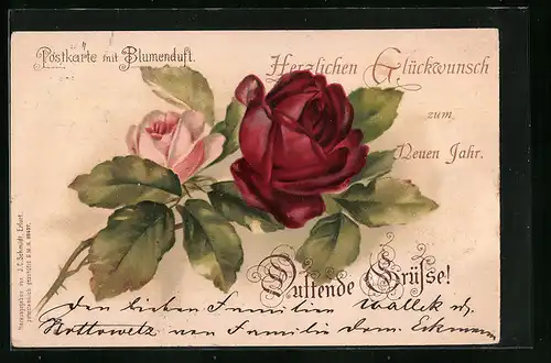 Duft-AK Rosenzweig mit Blumenduft - Neujahrsgruss