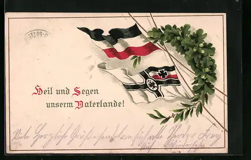 Lithographie Heil und Segen unserem Vaterlande - Fahnen, Eichenlaub, Lorbeer