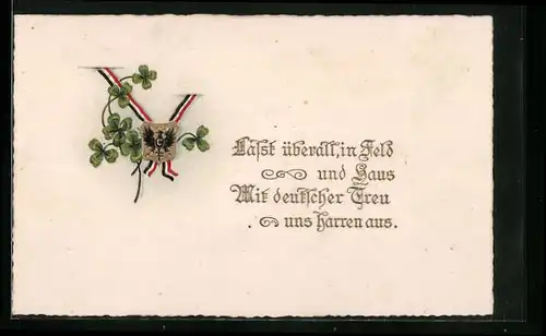 Lithographie Deutsches Wappen und Glücksklee, Patriotischer Spruch