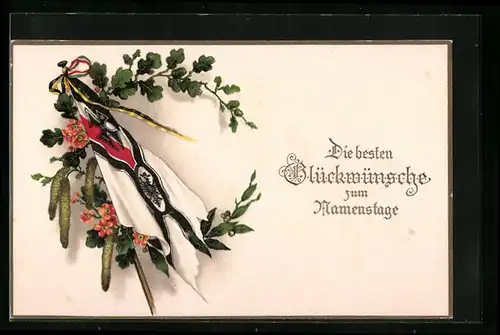 Lithographie Deutsche Fahne, Eichenlaub, Lorbeer - Namenstagsgruss