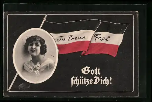 Künstler-AK Gott schütze Dich! - Nationalflagge und Frauenportrait