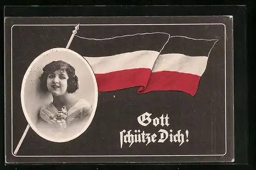 Künstler-AK Gott schütze Dich! - Nationalflagge und Portrait einer jungen Frau