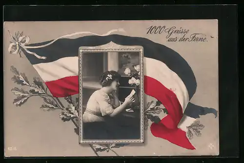 Künstler-AK 1000 Grüsse aus der Ferne - Nationalflagge und Frauenportrait