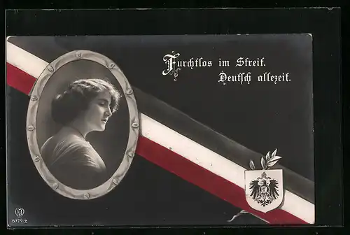 Künstler-AK Furchtlos im Streit - National-Banderole, Wappen und Frauenportrait