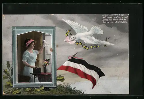 Künstler-AK Nationalflagge, Brieftaube und junge Frau am Fenster